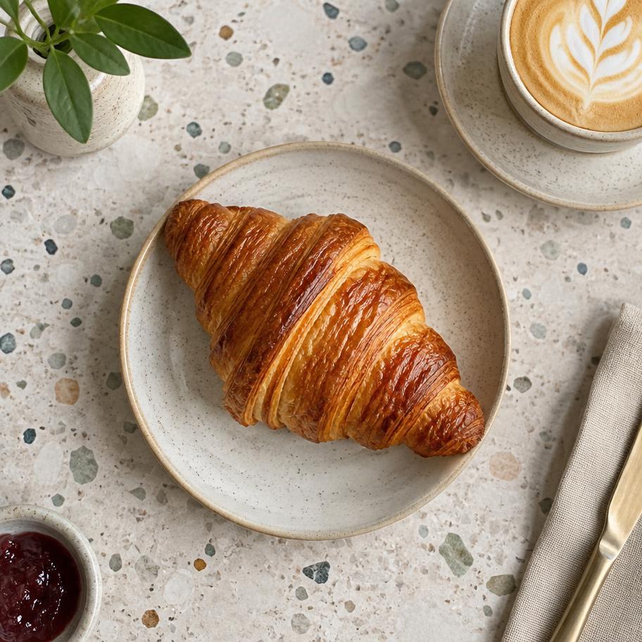 Croissant mentega di atas piring keramik