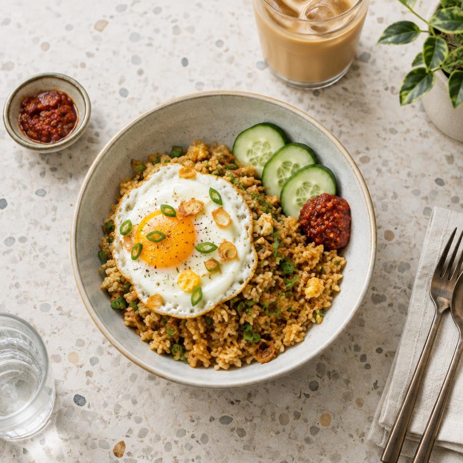 Nasi goreng dengan telur, mentimun, dan sambal